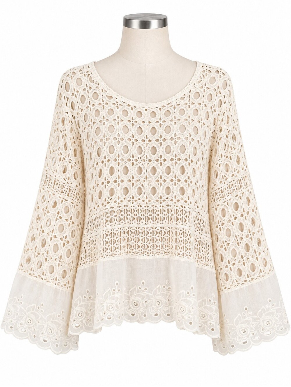 POL Clothing Crochet Eyelet Lace Top One Size OS Cream Boho Open Knit Romantic